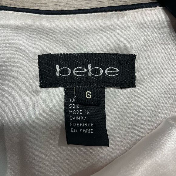 BEBE Pink Black Silk Dress Ruffle Sheer Formal Size 6 Small Midi Length - Picture 3 of 11